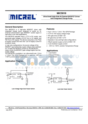 MIC5019 datasheet - Ultra-Small High-Side N-Channel MOSFET Driver with Integrated Charge Pump