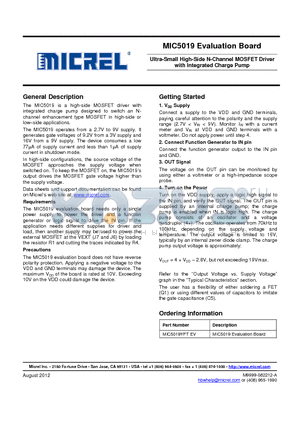 MIC5019YFT datasheet - Ultra-Small High-Side N-Channel MOSFET Driver with Integrated Charge Pump