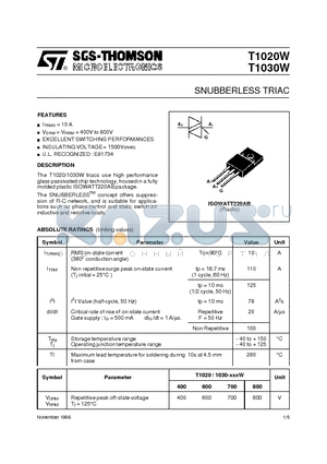 T1030W datasheet - SNUBBERLESS TRIAC