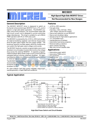 MIC5031 datasheet - High-Speed High-Side MOSFET Driver