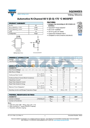 SQ2360EES datasheet - Automotive N-Channel 60 V (D-S) 175 `C MOSFET