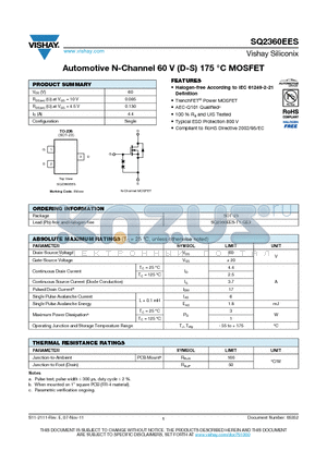 SQ2360EES-T1-GE3 datasheet - Automotive N-Channel 60 V (D-S) 175 `C MOSFET