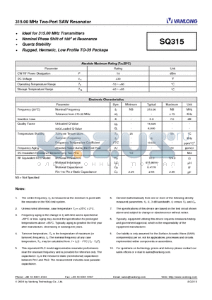 SQ315 datasheet - 315.00 MHz Two-Port SAW Resonator