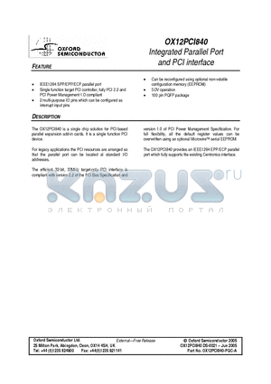 OX12PCI840 datasheet - Integrated Parallel Port and PCI interface