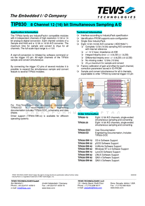 TIP830-SW-42 datasheet - 8 Channel 12 (16) bit Simultaneous Sampling A/D