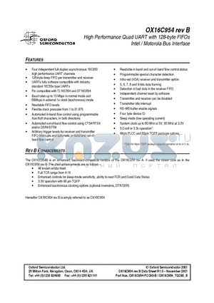 OX16C954-TQC60-B datasheet - High Performance Quad UART with 128-byte FIFOs Intel / Motorola Bus Interface