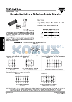 RMKD datasheet - Hermetic, Dual-In-Line or TO Package Resistor Networks