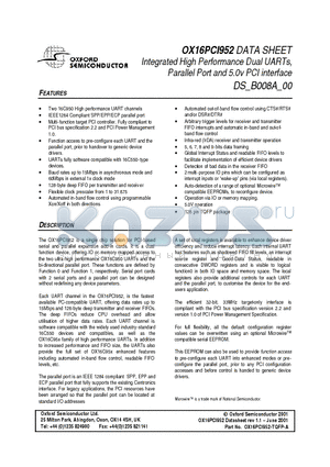 OX16PCI952 datasheet - Integrated High Performance Dual UARTs, Parallel Port and 5.0v PCI interface