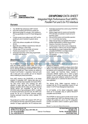 OX16PCI952_05 datasheet - Integrated High Performance Dual UARTs, Parallel Port and 5.0v PCI interface