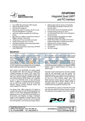 OX16PCI954 datasheet - Integrated Quad UART and PCI interface