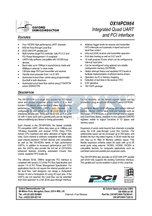 OX16PCI954 datasheet - Integrated Quad UART and PCI interface