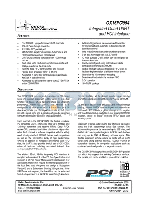 OX16PCI954-TQA1G datasheet - Integrated Quad UART and PCI interface