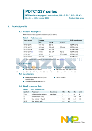 PDTC123Y datasheet - NPN resistor-equipped transistors; R1 = 2.2 kY, R2 = 10 kY