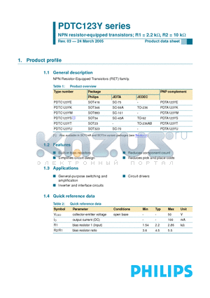 PDTC123YK datasheet - NPN resistor-equipped transistors; R1 = 2.2 k-ohm, R2 = 10 k-ohm