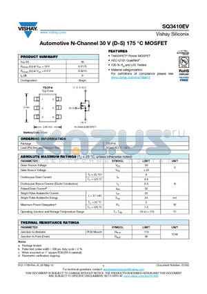 SQ3410EV datasheet - Automotive N-Channel 30 V (D-S) 175 `C MOSFET