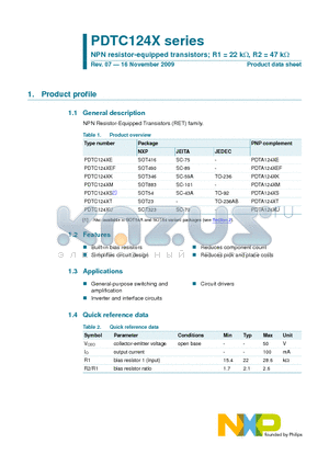 PDTC124XEF datasheet - NPN resistor-equipped transistors; R1 = 22 kY, R2 = 47 kY