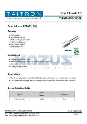 TIR940-R5B-33329 datasheet - 5mm Infrared LED