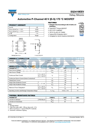 SQ3419EEV datasheet - Automotive P-Channel 40 V (D-S) 175 `C MOSFET