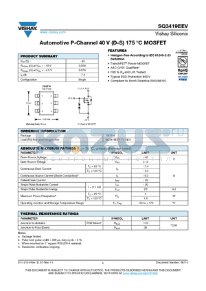 SQ3419EEV-T1-GE3 datasheet - Automotive P-Channel 40 V (D-S) 175 `C MOSFET
