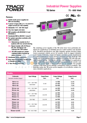 TIS150-124 datasheet - Industrial Power Supplies (TIS Series, 75-600 Watt)