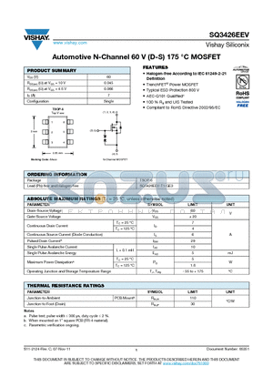 SQ3426EEV-T1-GE3 datasheet - Automotive N-Channel 60 V (D-S) 175 `C MOSFET