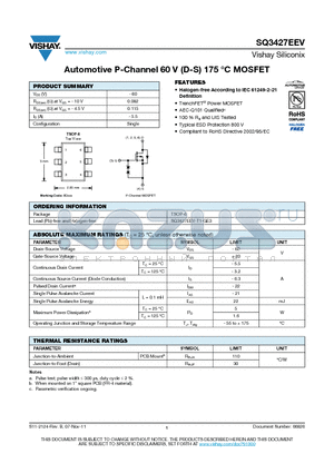 SQ3427EEV datasheet - Automotive P-Channel 60 V (D-S) 175 `C MOSFET
