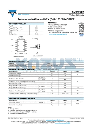 SQ3456EV datasheet - Automotive N-Channel 30 V (D-S) 175 `C MOSFET