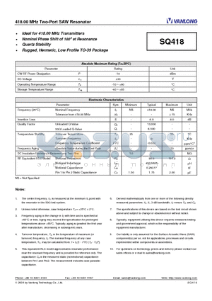 SQ418 datasheet - 418.00 MHz Two-Port SAW Resonator