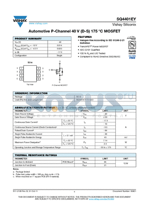 SQ4401EY datasheet - Automotive P-Channel 40 V (D-S) 175 `C MOSFET