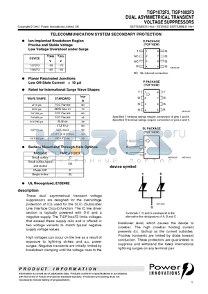 TISP1072F3 datasheet - DUAL ASYMMETRICAL TRANSIENT VOLTAGE SUPPRESSORS