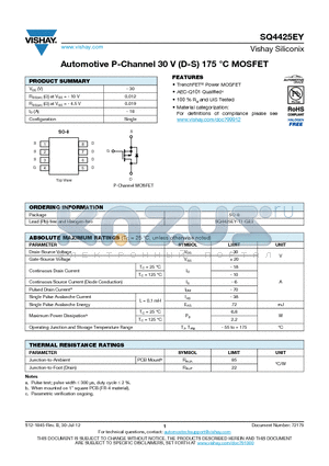 SQ4425EY datasheet - Automotive P-Channel 30 V (D-S) 175 `C MOSFET