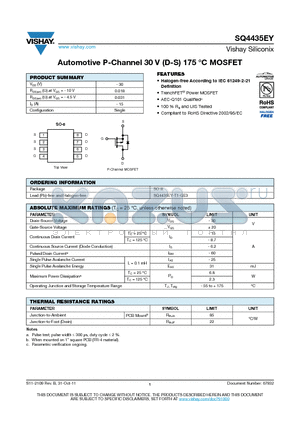 SQ4435EY datasheet - Automotive P-Channel 30 V (D-S) 175 `C MOSFET