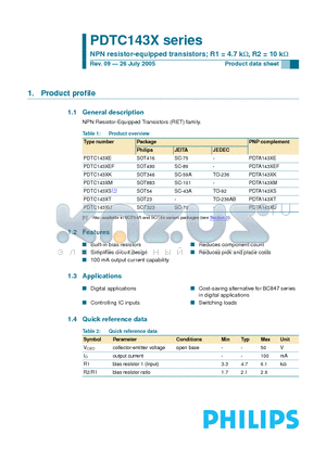 PDTC143XE datasheet - NPN resistor-equipped transistors; R1 = 4.7 kW, R2 = 10 kW