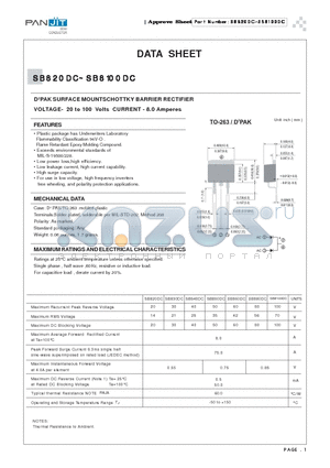 SB8100DC datasheet - D2PAK SURFACE MOUNTSCHOTTKY BARRIER RECTIFIER(VOLTAGE- 20 to 100 Volts CURRENT - 8.0 Amperes)