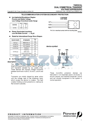 TISP2310L datasheet - DUAL SYMMETRICAL TRANSIENT VOLTAGE SUPPRESSORS