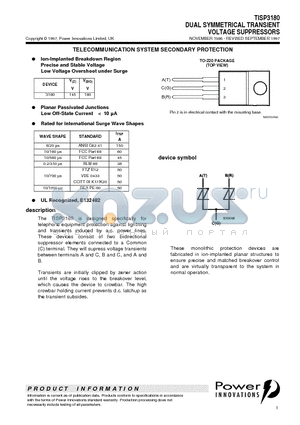 TISP3180 datasheet - DUAL SYMMETRICAL TRANSIENT VOLTAGE SUPPRESSORS