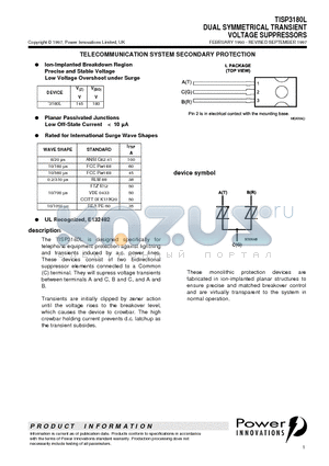 TISP3180L datasheet - DUAL SYMMETRICAL TRANSIENT VOLTAGE SUPPRESSORS