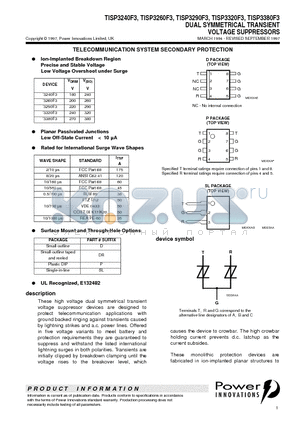 TISP3240F3 datasheet - DUAL SYMMETRICAL TRANSIENT VOLTAGE SUPPRESSORS