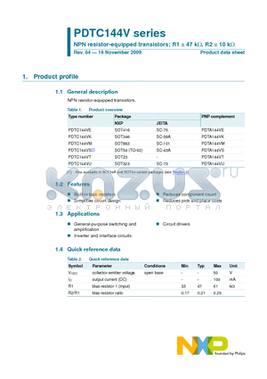 PDTC144VE datasheet - NPN resistor-equipped transistors; R1 = 47 kY, R2 = 10 kY