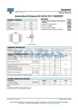 SQ4840EY datasheet - Automotive N-Channel 40 V (D-S) 175 `C MOSFET