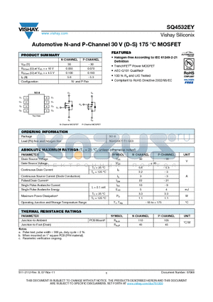 SQ4532EY datasheet - Automotive N-and P-Channel 30 V (D-S) 175 `C MOSFET