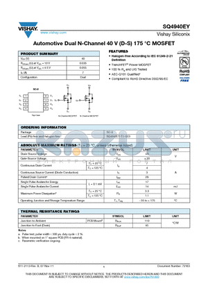 SQ4940EY datasheet - Automotive Dual N-Channel 40 V (D-S) 175 `C MOSFET