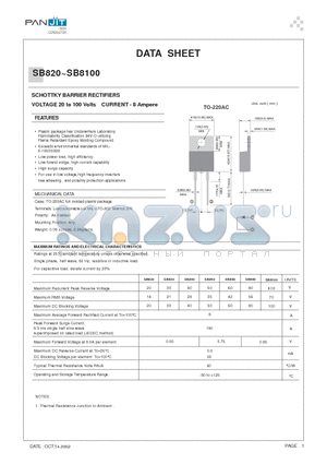 SB830 datasheet - SCHOTTKY BARRIER RECTIFIERS(VOLTAGE 20 to 100 Volts CURRENT - 8 Ampere)