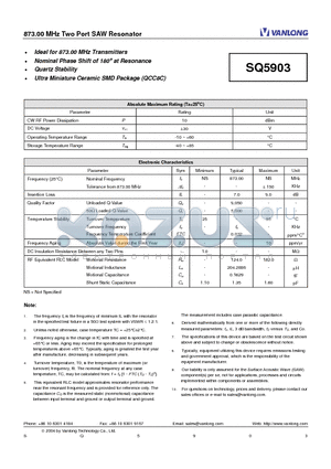 SQ5903 datasheet - 873.00 MHz Two Port SAW Resonator