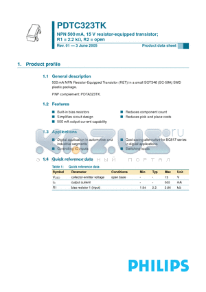 PDTC323TK datasheet - NPN 500 mA, 15 V resistor-equipped transistor;l