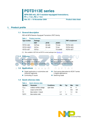 PDTD113EK datasheet - NPN 500 mA, 50 V resistor-equipped transistors; R1 = 1 kY, R2 = 1 kY