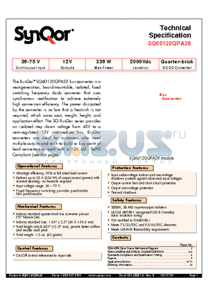 SQ60120QPA28NNS datasheet - Quarter-brick DC-DC Converter