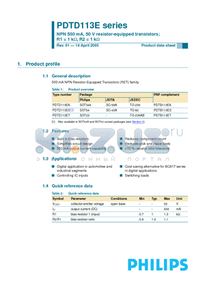 PDTD113ES datasheet - NPN 500 mA, 50 V resistor-equipped transistors; R1 = 1 k-ohm, R2 = 1 k-ohm