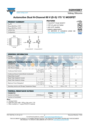 SQ9945BEY datasheet - Automotive Dual N-Channel 60 V (D-S) 175 `C MOSFET