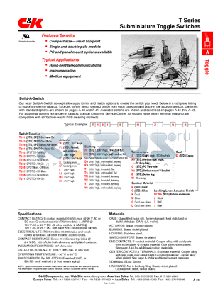 T105MH9CBE2 datasheet - Subminiature Toggle Switches